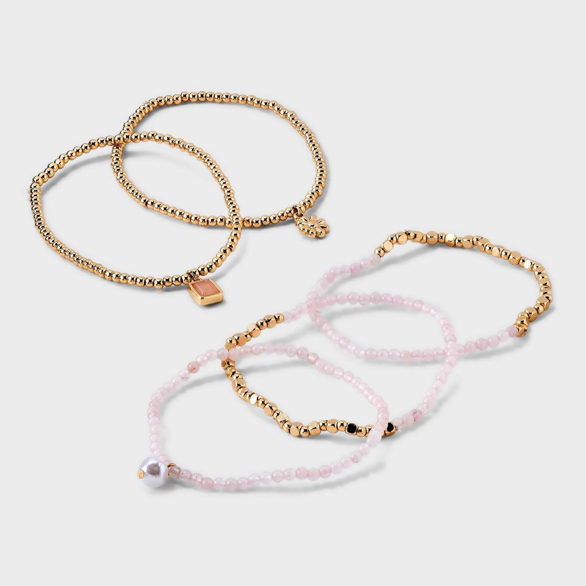 Beaded Stretch Charm Bracelet w Semi Precious Rose Quartz Set 5pc - Universal Thread™ Gold/Pink | Target