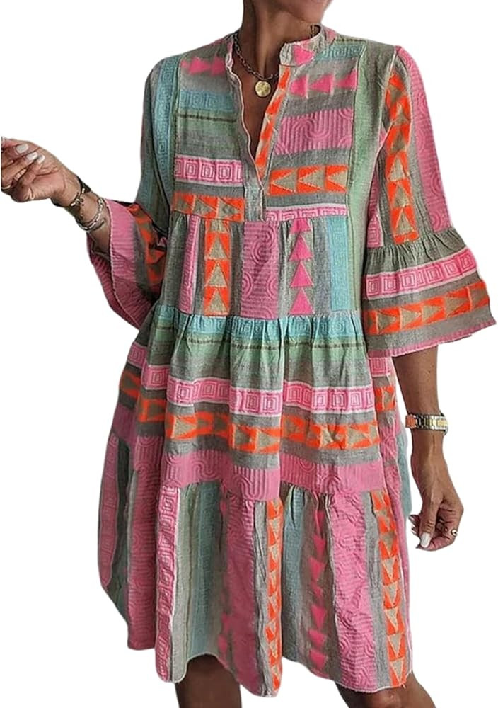 Women's Multicolor Geometric Print V-Neck 3/4 Sleeve Loose Fit Pleated Mini Dress with Wide Sleev... | Amazon (US)