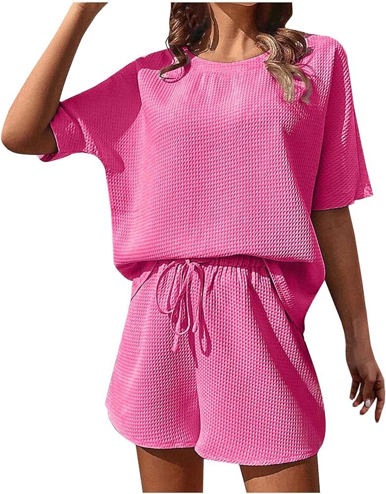 Lounge Sets Pajamas Sets 2 Piece Outfits Short Sleeve Round Neck Loose Tops Drawstring Shorts Mat... | Amazon (US)