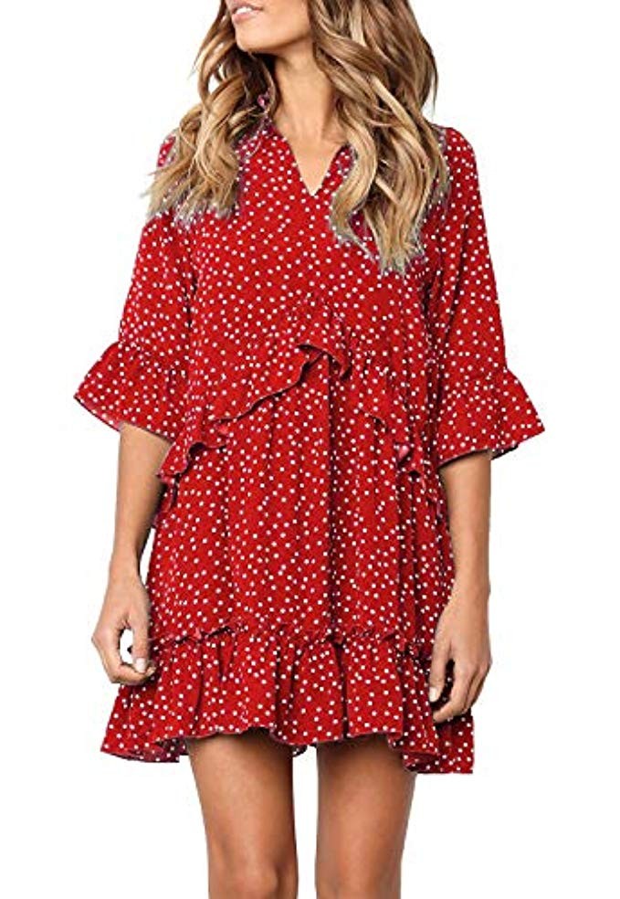MITILLY Women's V Neck Ruffle Polka Dot Pocket Loose Swing Casual Short T-Shirt Dress | Amazon (US)