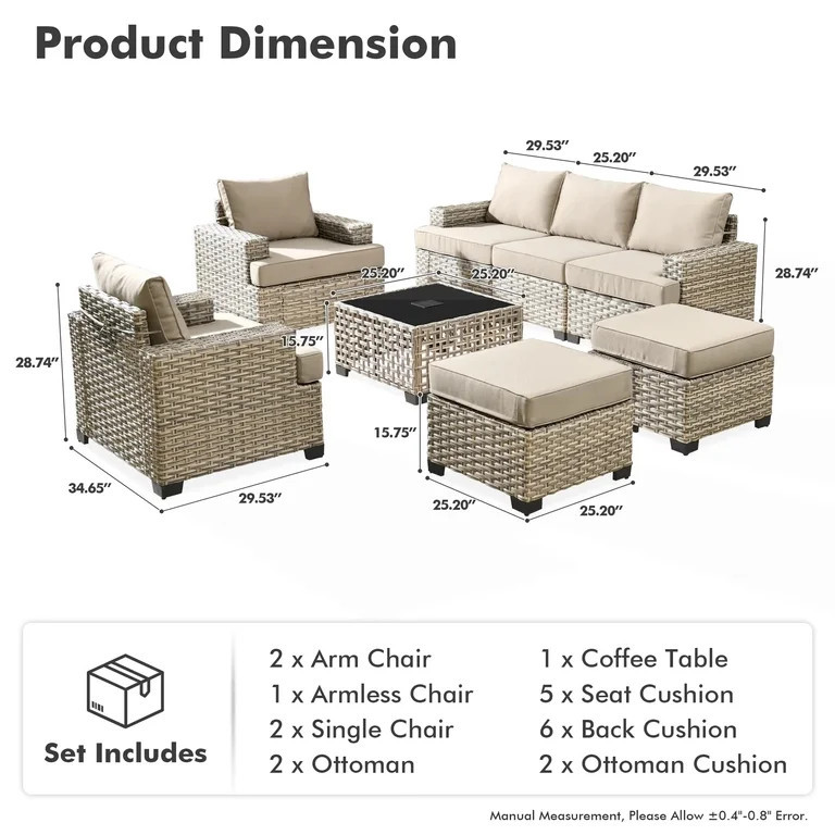 Vcatnet 8 Pieces Outdoor Patio Furniture Sectional Sofa PE Rattan Wicker Conversation Set with So... | Walmart (US)