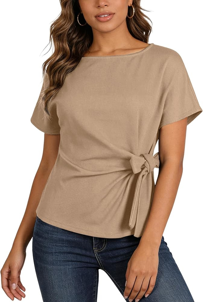 Yeokou Womens Wrap Sweater Casual Elegant Short Sleeve Round Neck Tie Waist Pullover Spring Summe... | Amazon (US)