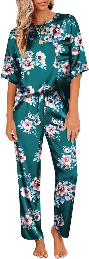 Ekouaer Womens Satin Silky Pajama Set Short Sleeve Shirt with Long Pajama Pant Set Soft PJ Lounge... | Amazon (US)