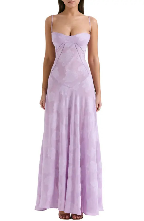 HOUSE OF CB Seren Blush Sheer Lace-Up Back Gown in Orchid Bloom at Nordstrom, Size X-Large A | Nordstrom
