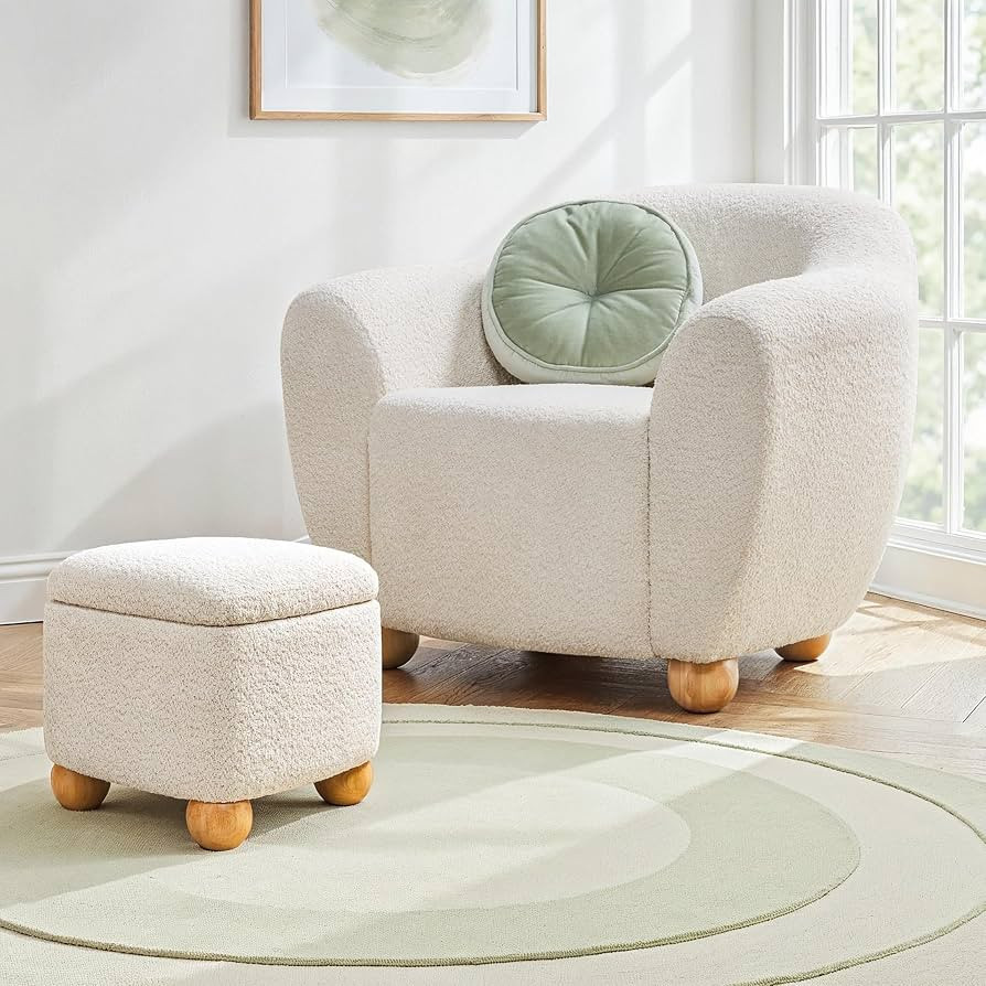 Walker Edison Linley Contemporary Boucl\u00e9 Accent Chair and Small Storage Ottoman, 2-Pack, Ivo... | Amazon (US)
