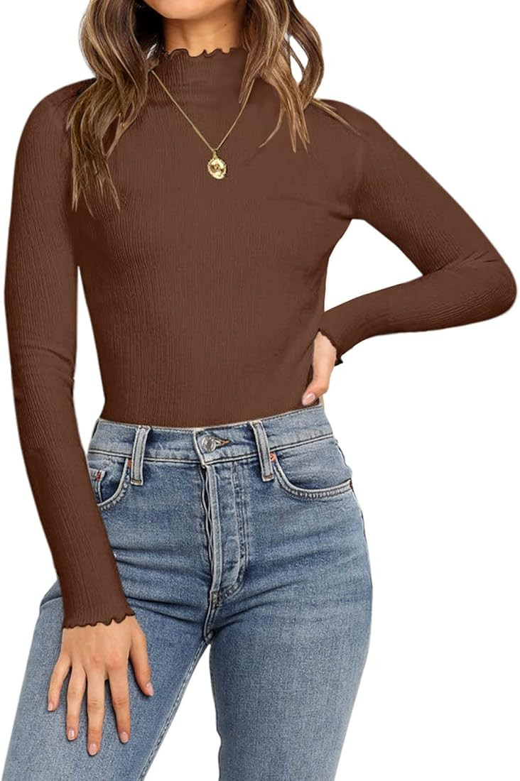Bodysuit for Women Long Sleeve Ruffle Lettuce Trim Mock Neck Slim Fit Ribbed Knit Tee Shirt Tops | Amazon (US)