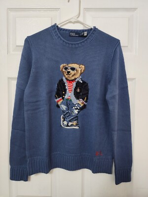 New Polo Ralph Lauren Bear Sweater cotton Blue Black Crew rolled neck size S  | eBay | eBay US