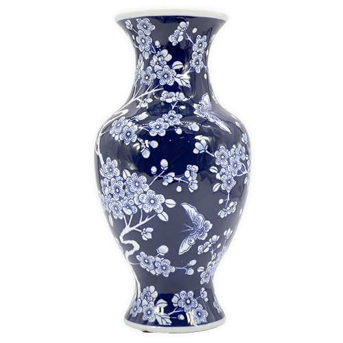 Galt International 14” Hand Painted Chinoiserie Ceramic Vase – Antique Style Porcelain Flower Bottle by Galt International, Fishtail Chinese Vase for Home Decor & Centerpiece - Dark Blue Floral | Amazon (US)