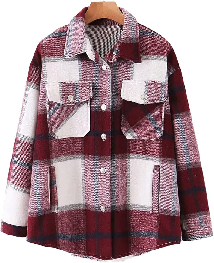 Lviefent Womens Casual Wool Blend Plaid Flannel Shackets Jacket Button Down Shirt Coat | Amazon (US)