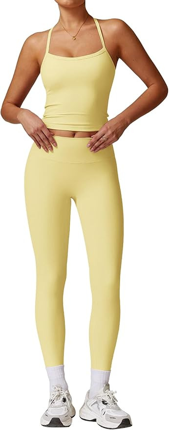 Women's Yoga Outfits Backless Strappy Sports Bra and Seamless Leggings Matching Active Jogger Out... | Amazon (US)