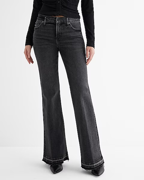 Mid Rise Black Raw Drop Hem '70s Flare Jeans | Express
