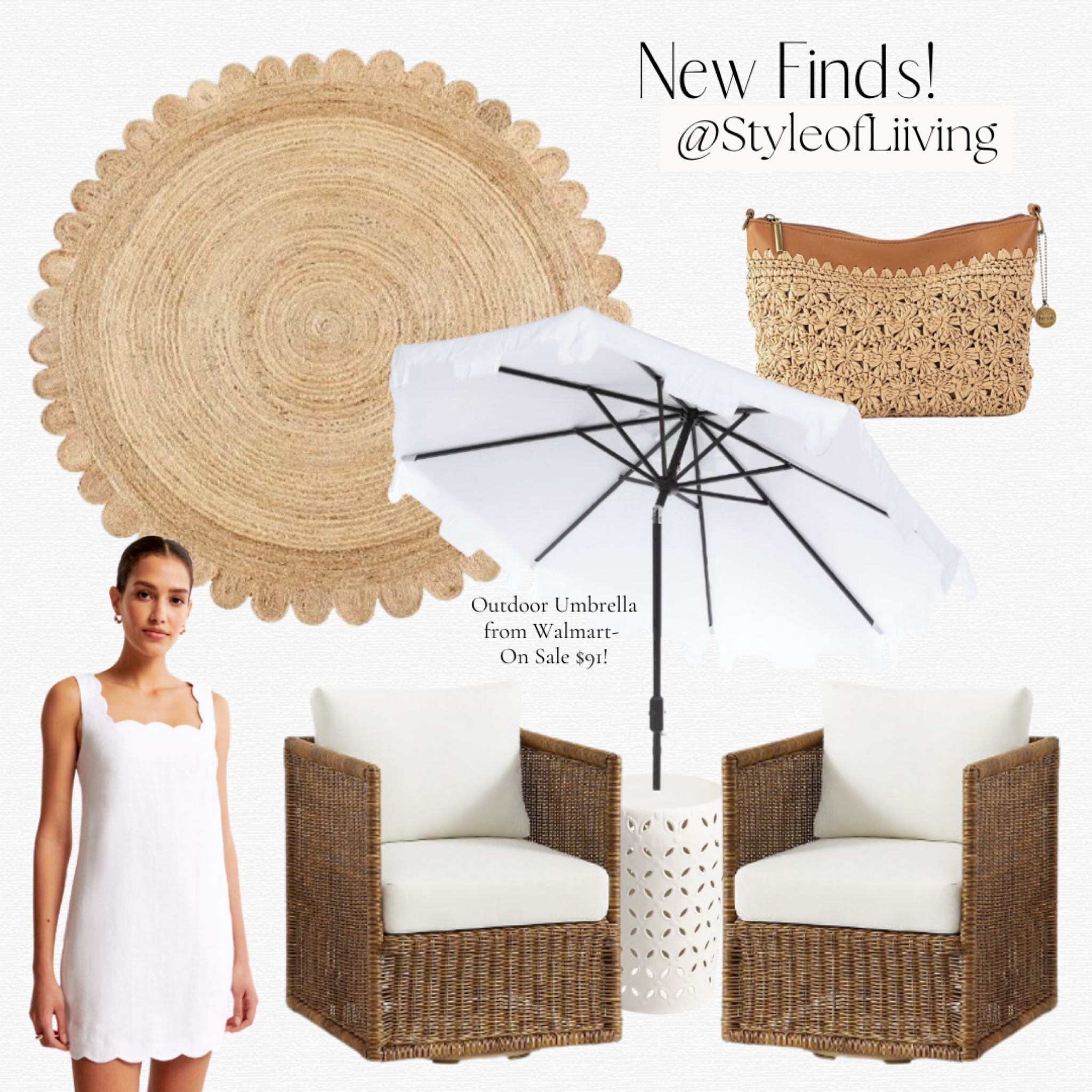 Round scalloped jute rug, outdoor chairs from Pottery Barn, side table World Market, outdoor umbrella from Walmart on sale, scalloped mini sundress white  Abercrombie and Fitch, woven handbag.

#LTKFindsUnder100 #LTKSaleAlert #LTKHome