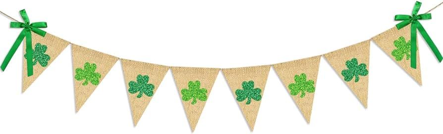 Glitter Shamrock Garland Banner Burlap | Rustic St. Patrick's Day Shamrock Garland | St. Patrick'... | Amazon (US)