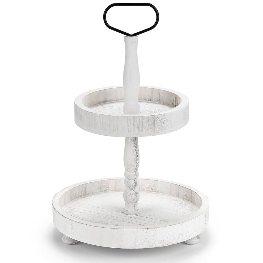 2 Tiered Tray Stand Decor, Wooden 13 Inch Tiered Tray Decor for Farmhouse, Kitchen, Coffee Bar, H... | Amazon (US)