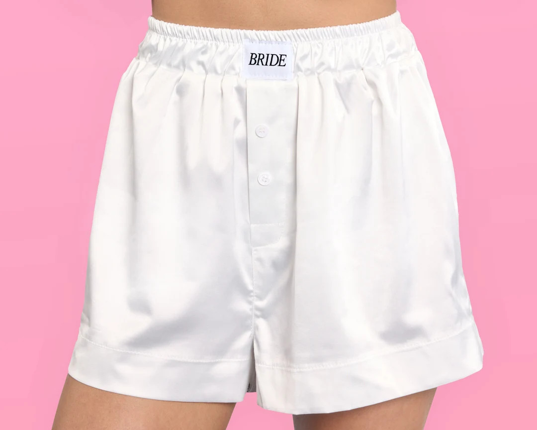 Xo, Fetti White Bride Boxer Shorts | Bachelorette Party Outfit, Bach Pajamas, Bridal Accessory, B... | Etsy (US)