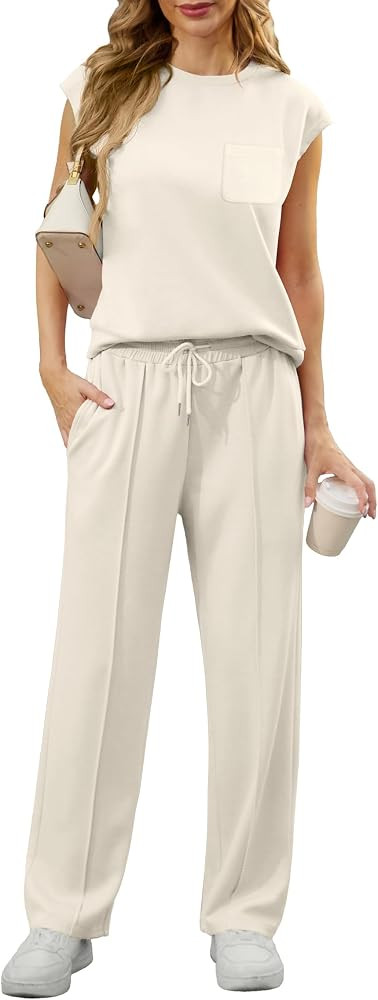 GRECERELLE 2 Piece Sets For Women Summer 2026 Outfits Lounge Sets Sleeveless Sweatsuits Wide Leg ... | Amazon (US)