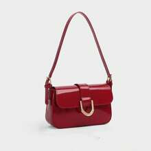 Vintage Style Red Lady Bag With Two Shoulder Straps Lacquer Finish Small Square Crossbody Bag With Horseshoe Buckle Versatile For Girls Women Students | SHEIN