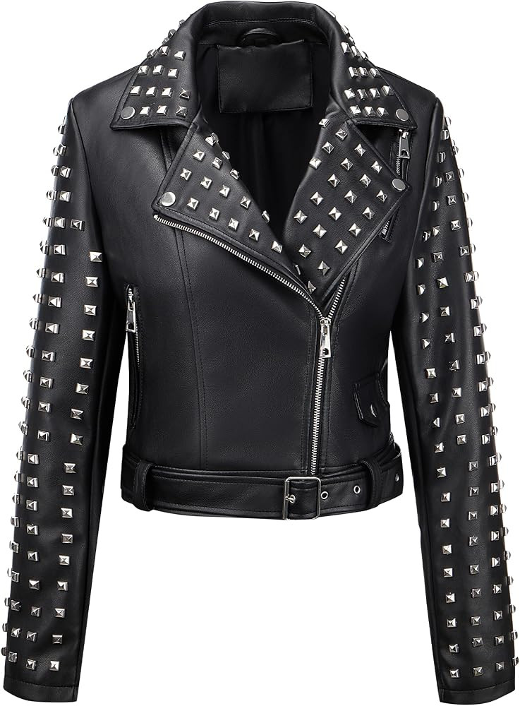 Bellivera Faux Leather Jacket for Women Studded Rivet Floral Moto Biker Short Lapel Coat | Amazon (US)
