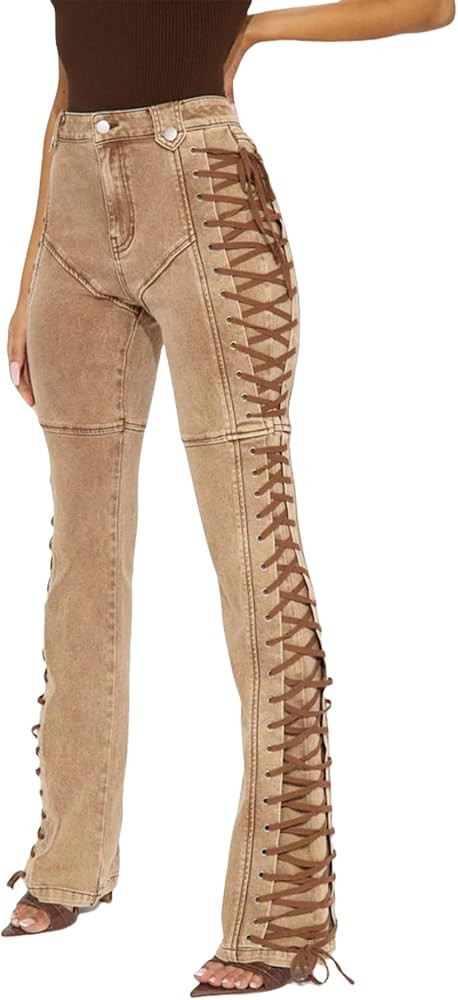 Molisry Women's High Waisted Jeans Casual Side Lace Up Long Bodycon Straight Leg Denim Pants Stre... | Amazon (US)