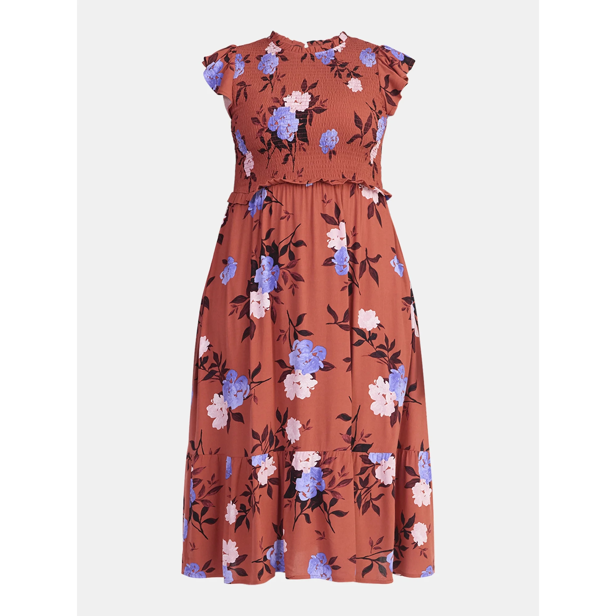 Time and Tru Women's Smocked Bodice Midi Woven Dress, Sizes XS-XXXL | Walmart (US)