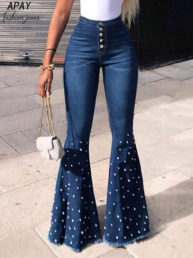 Women's Single-Breasted Skinny Flare Jeans - Faux Pearl Decor - Fashionable Fitted - Women's Spring Clothing Casual | SHEIN