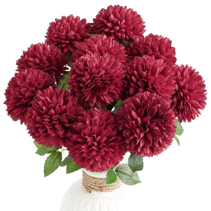 Floroom 12pcs Burgundy Faux Silk Mums Artificial Flowers Bulk Fake Chrysanthemums with Stems for ... | Amazon (US)