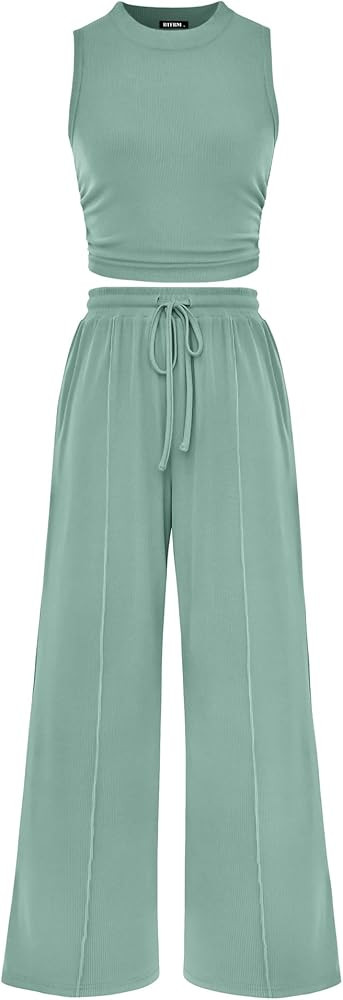 BTFBM Women Summer 2 Piece Outfits Ribbed Knit Crew Neck Sleeveless Cropped Top Elastic Waist Wid... | Amazon (US)