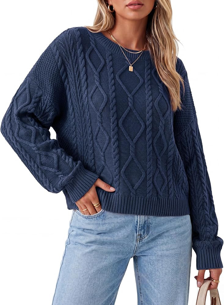 Arach&Cloz Women's Oversized Cropped Cable Knit Casual Sweater Tops | Amazon (US)