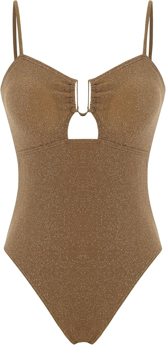 ZAFUL Women's One Piece Swimsuit Metallic Shiny Metal U-Wire Bathing Suit Sparkly Cut Out Tie Bac... | Amazon (US)