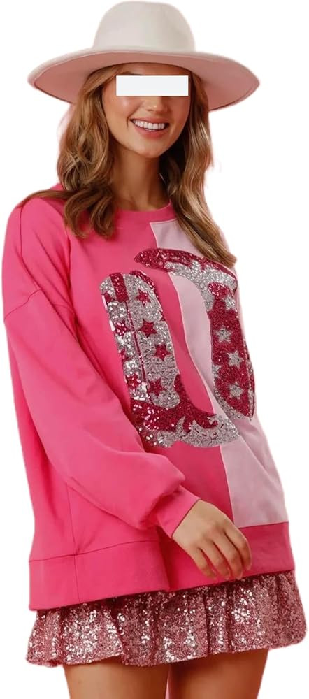 Womens Sequin Heart Sweatshirt Cute Cowboy Boots Crewneck Sweaters Sparkly Lips Oversized Long Sl... | Amazon (US)