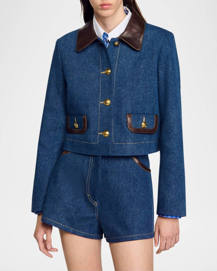 Sandro Sierra Leather-Trim Denim Blazer | Neiman Marcus
