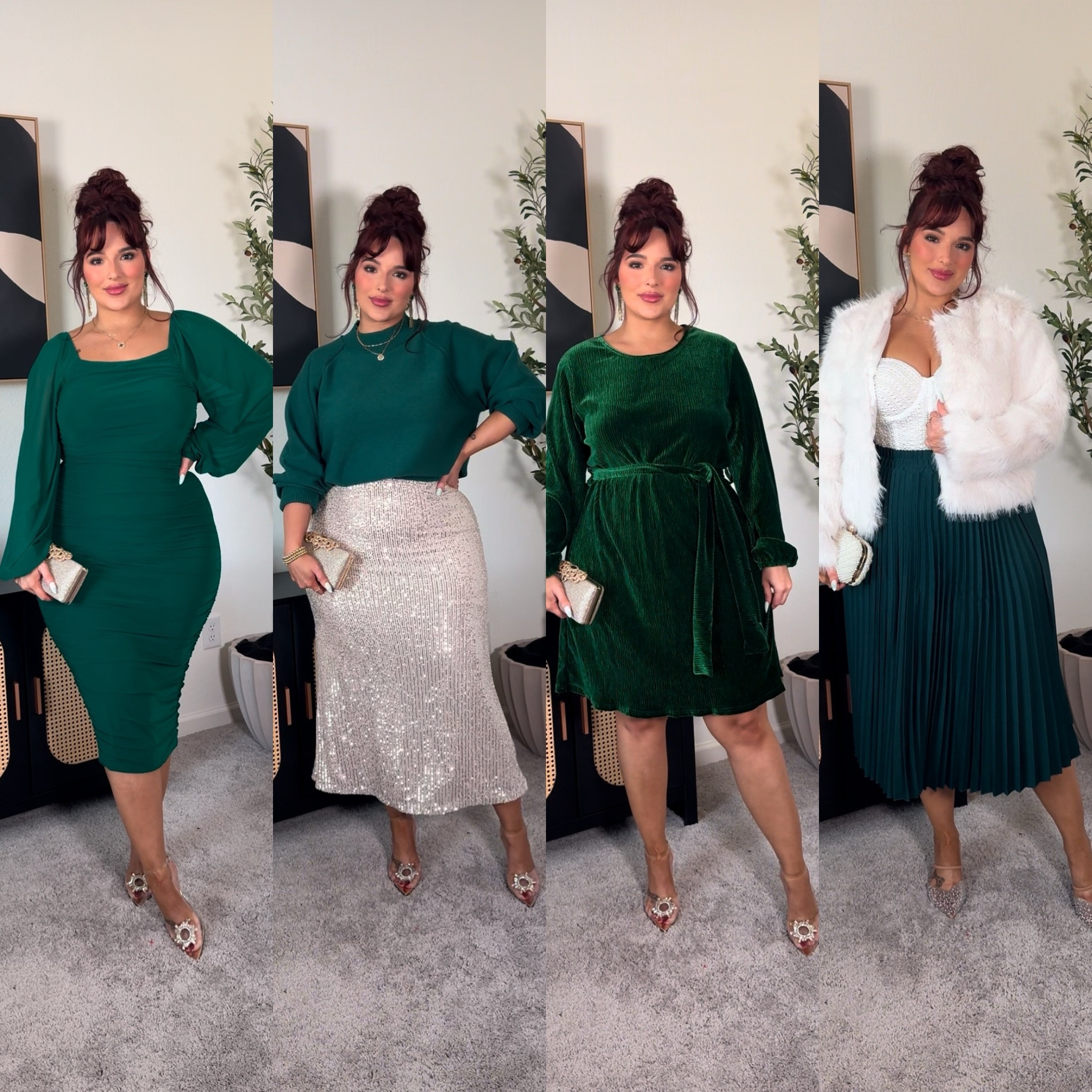 Green bodycon dress: XL | green sweater: XL sequin skirt: M super stretchy! | green dress: XL | pleated skirt: exact one sold out so I linked similar! | pearl top: XL | fur jacket: L