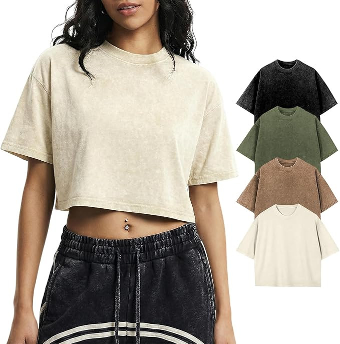 Gihuo Cropped T Shirts for Women Vintage Tees Acid Wash Crop T-Shirts Oversized Cotton Tshirt | Amazon (US)
