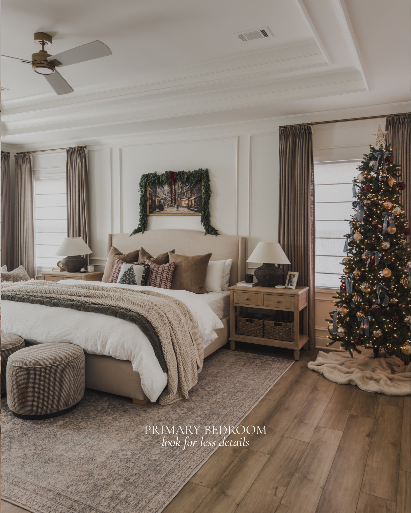 Primary bedroom look for less! While I love a good quality item - I also love finding a great look for less to achieve a similar look.

Home finds, neutral home inspo, furniture favorites, neutral wood tones, upholstered bed frame, collected style, neutral bedroom inspo, vintage style area rug, nightstand details, gold detail, brass ceiling fan, pinch pleat curtains, table lamp, ottoman favorites, Wayfair, Four Hands, look for less, shop the look!

#LTKHoliday #LTKHome #LTKSeasonal
