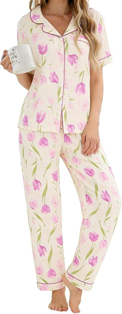 SWOMOG Women's 2 Piece Pajama Sets Shorts Sleeve Pajamas Cute Pj Set Lounge Matching Pjs Button S... | Amazon (US)