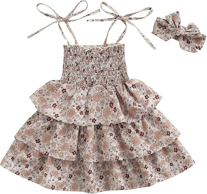 WZTYYDS Toddler Baby Girl Summer Clothes Tie-up Suspender Floral Romper Dress with Headband 0-5Y | Amazon (US)