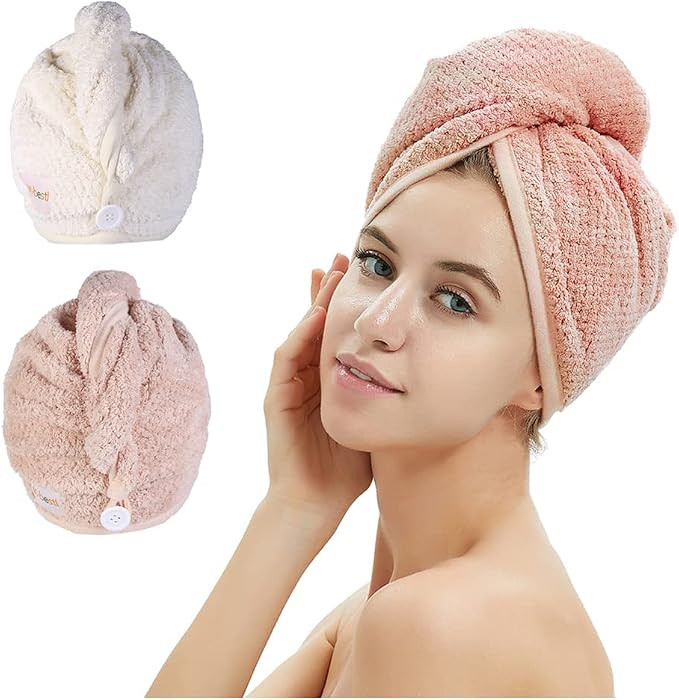 2 Pack Microfiber Hair Towel Wrap,Hair Drying Towel with Button,Quick Dry Hair Towel Turban for W... | Amazon (US)