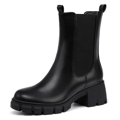 IDIFU Black Chelsea Ankle Boots for Women Low Short Block Chunky Heel Mid Calf Boots Slip On Lug Sole Platform Fall Dress Booties Ladies Fashion Comfy Casual Cute Trendy Elastic Boots(Black Pu, 6) | Amazon (US)