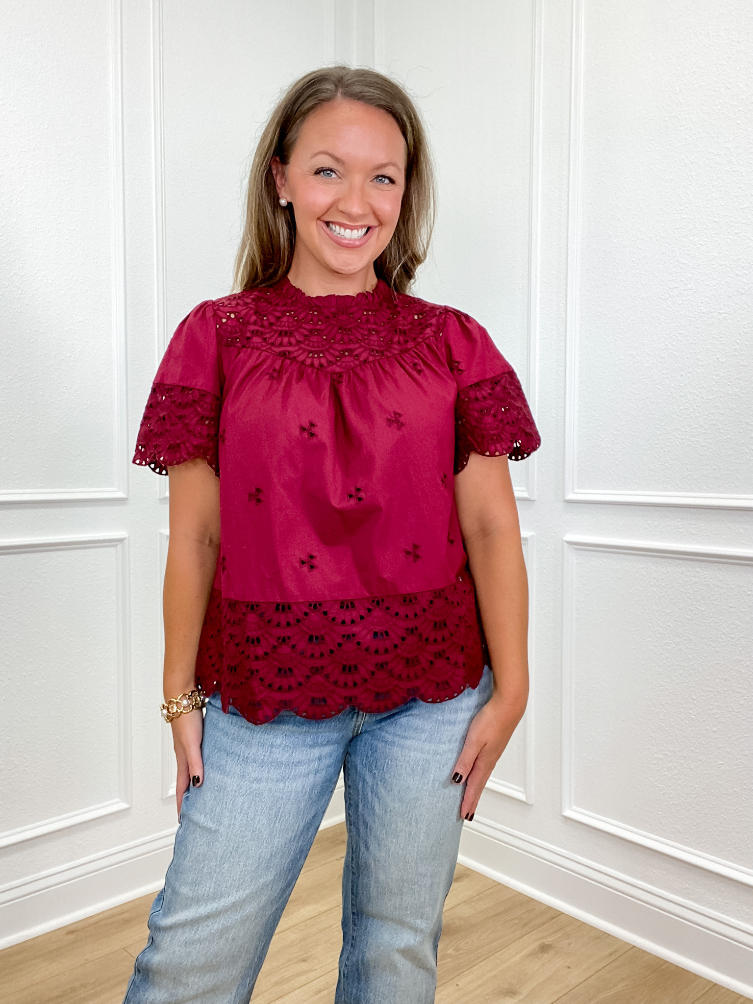 can you believe this is Walmart?  The detail on this eyelet detailed shirt looks way more expensive than $20! And this wine punch color is so good! I am 5'5" Size 8/10 Wearing Medium.

Wine red Top, work top, thanksgiving outfit, walmart, walmart fashion, time and tru  

 

 

 

#LTKSeasonal #LTKFindsUnder50 #LTKWorkwear