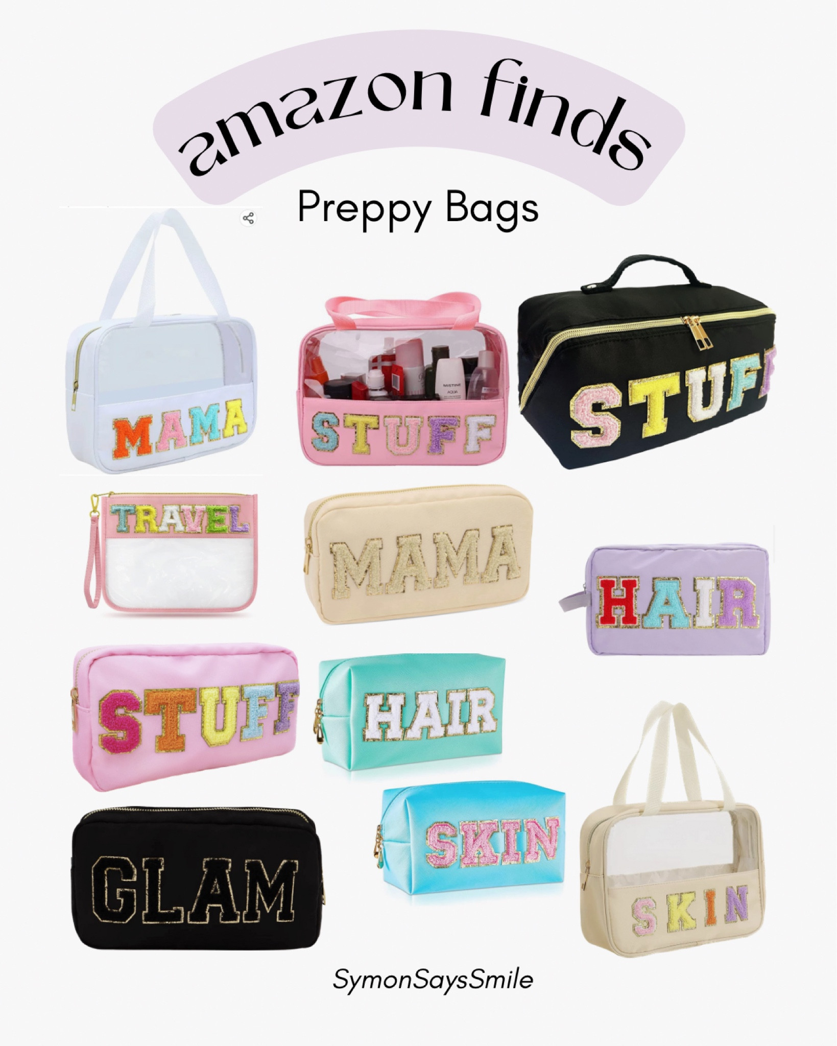  Preppy Patch Makeup Bag,Nylon Cosmetic Preppy Makeup Stuff Bag  with Zipper,Stoney Clover Chenille Varsity Letter Stuff Bag,Travel