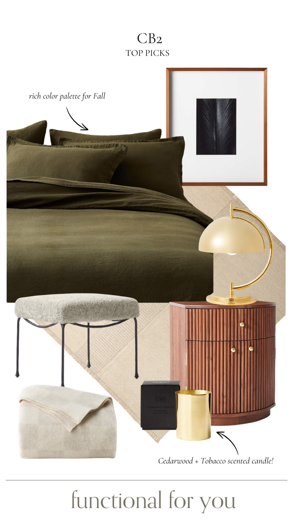 CB2 top home finds 

bedding, framed art, stool, side table, rug, table lamp, throw blanket, scented candle 

#LTKHome