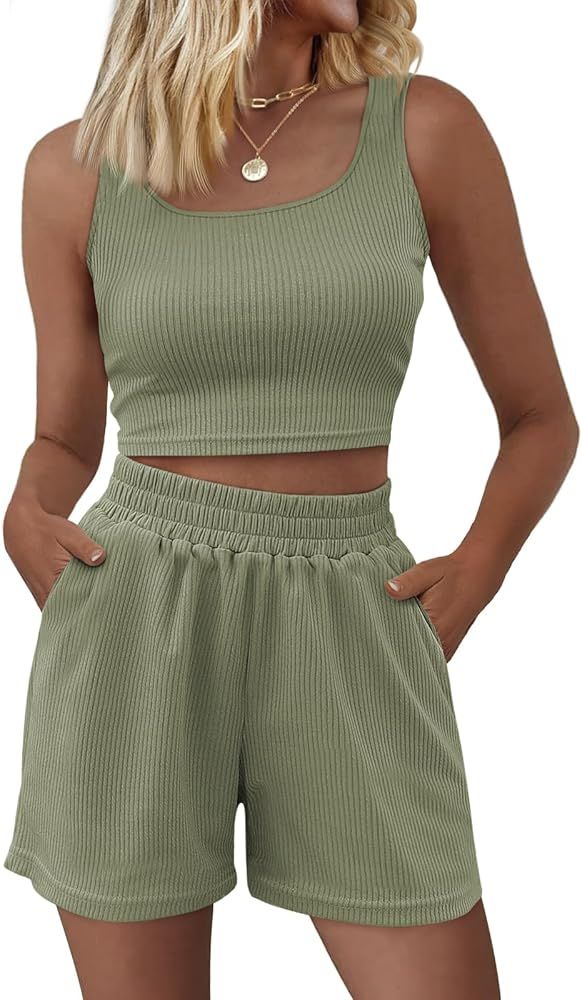 Trendy Queen Two Piece Summer Outfits Women Shorts Sets 2 Piece Sleeveless Matching Lounge Crop T... | Amazon (US)