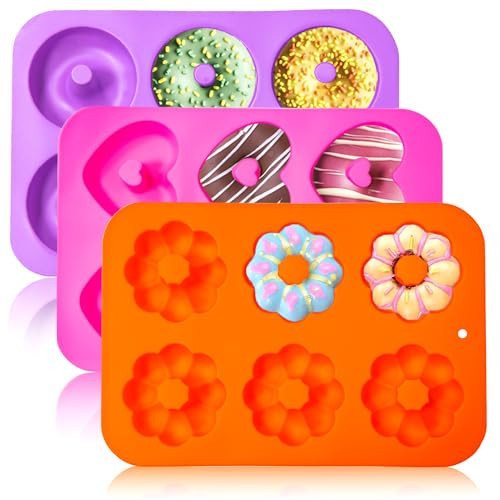 LGQUK Silicone Donut Pan 3pcs Non-Stick Doughnuts Baking Pans for Donuts, 6 Cavity Heritage Bundtlette Cake Silicone Mold for Baking (Orange+Pink+Purple) | Amazon (US)