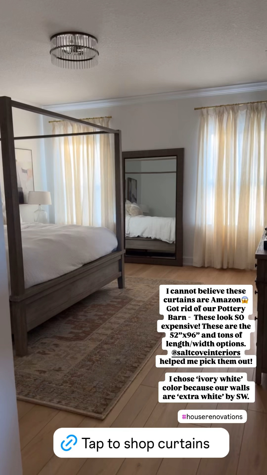 Neutral bedroom. Pottery Barn canopy bed. Amazon curtains in ‘ivory white’, 52”x96” and look so expensive! Pottery Barn light. Pottery barn rug. Target lamps. Bedroom decor. White bedding. 

*Floors are Calypso Oak by Coretec and paint is Extra White by Sherwin Williams

#LTKStyleTip #LTKHome #LTKFamily