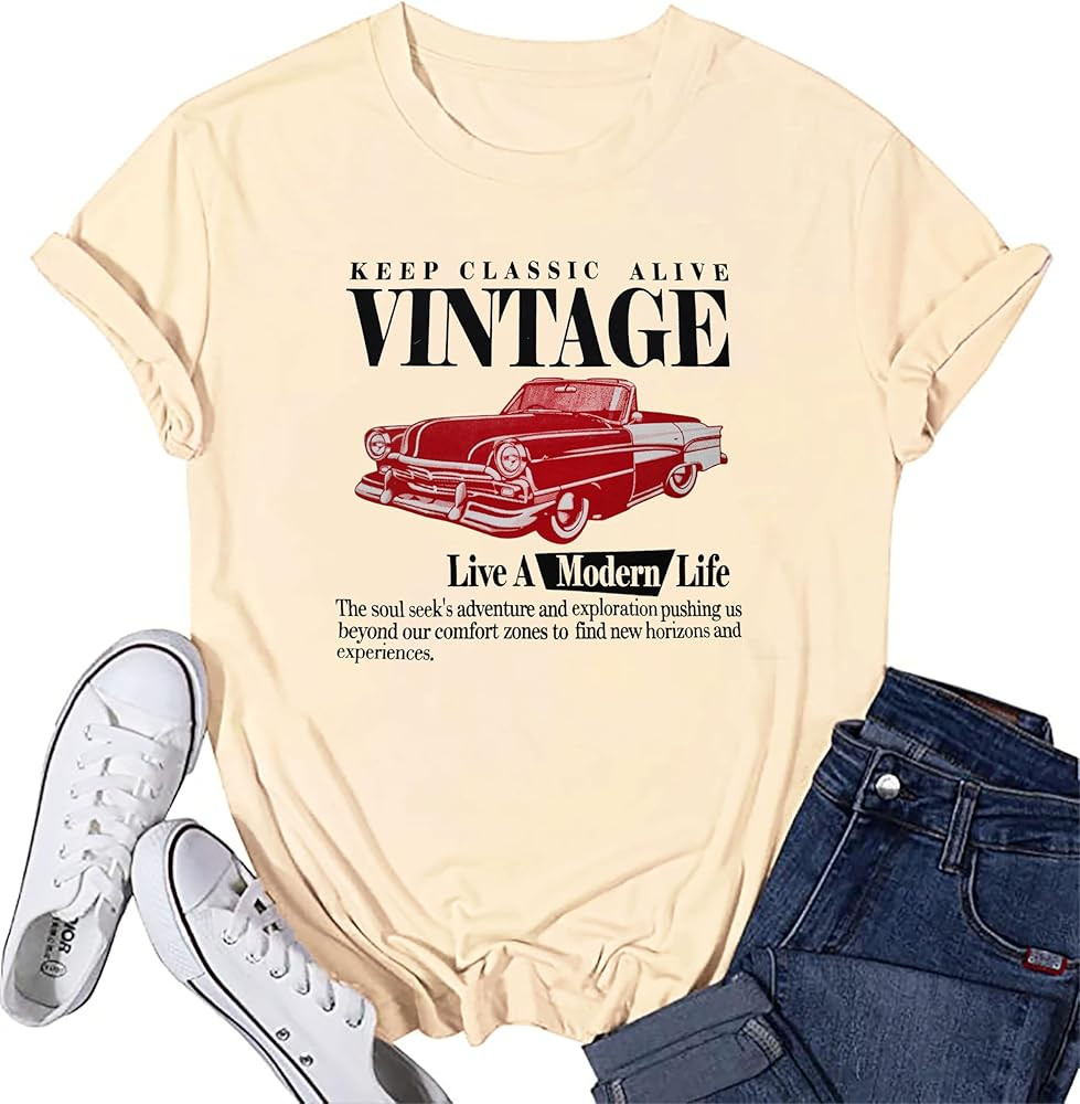 Women Graphic Shirt Vintage Inspired Tshirt Keep Classic Alive Car Tops Retro Summer Casual Short... | Amazon (US)