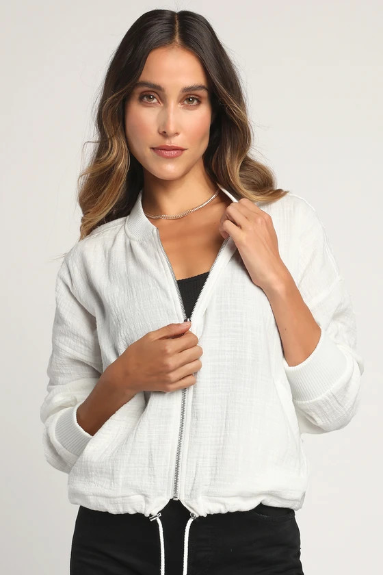 Down for the Gauze White Drawstring Bomber Jacket | Lulus (US)