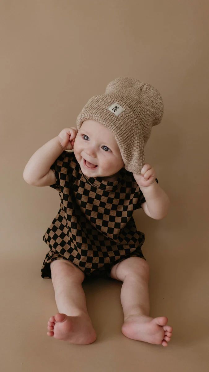 Black & Brown Checkerboard | Short Sleeve Ribbed Romper | Forever French