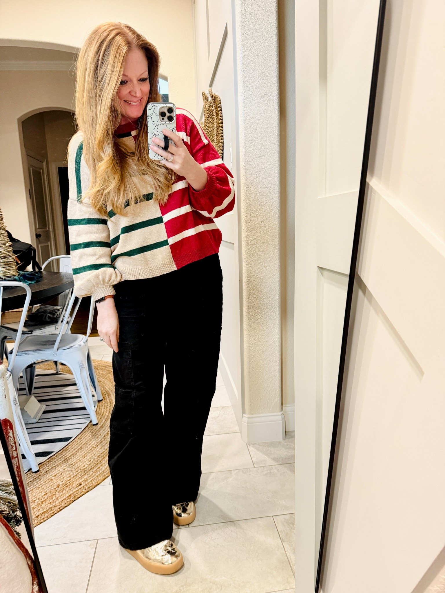 Christmas sweater is Mint Julep, it's sold out but they have some cute ones on sale for 25% off.

Walmart cargo pants: M
Gold shoes are Steve Madden, but I'm linking some cute options on Amazon!

#LTKHoliday #LTKOver40 #LTKdayinmylife