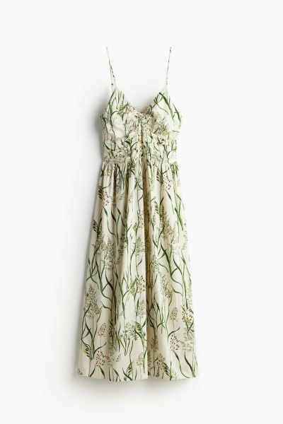 Linen-blend Strappy Dress - V-neck - Sleeveless - Cream/green patterned - Ladies | H&M US | H&M (US + CA)