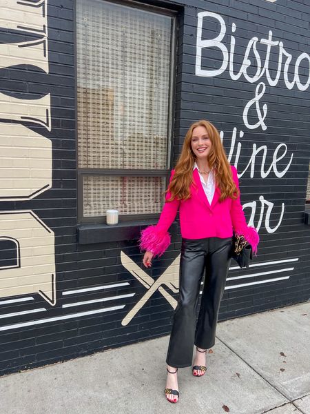 Galentine’s Brunch Outfit♥️🩷🎀 Leather pants fit true to size, wearing a 28 regular. Gucci heels fit true to size, wearing 40 (10). Feather jacket is from Zara, but I tagged similar ones below. 

Pink feather blazer - blazer - Valentine’s Day - Valentine’s Day outfit - Galentine’s - pink - 21st birthday - 30th birthday outfit - going out - date night - vegan leather - Abercrombie & fitch - Gucci - 

#LTKshoecrush #LTKparties #LTKSeasonal